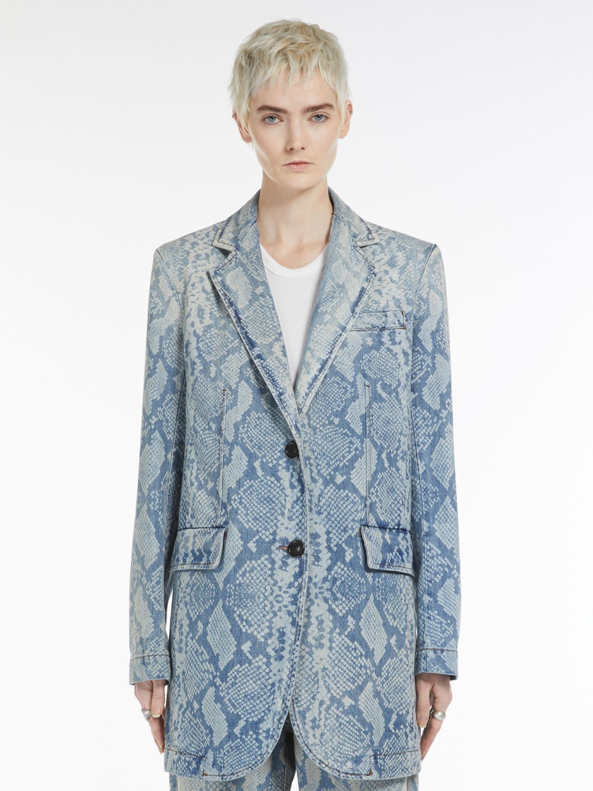 Denim blazer with python print