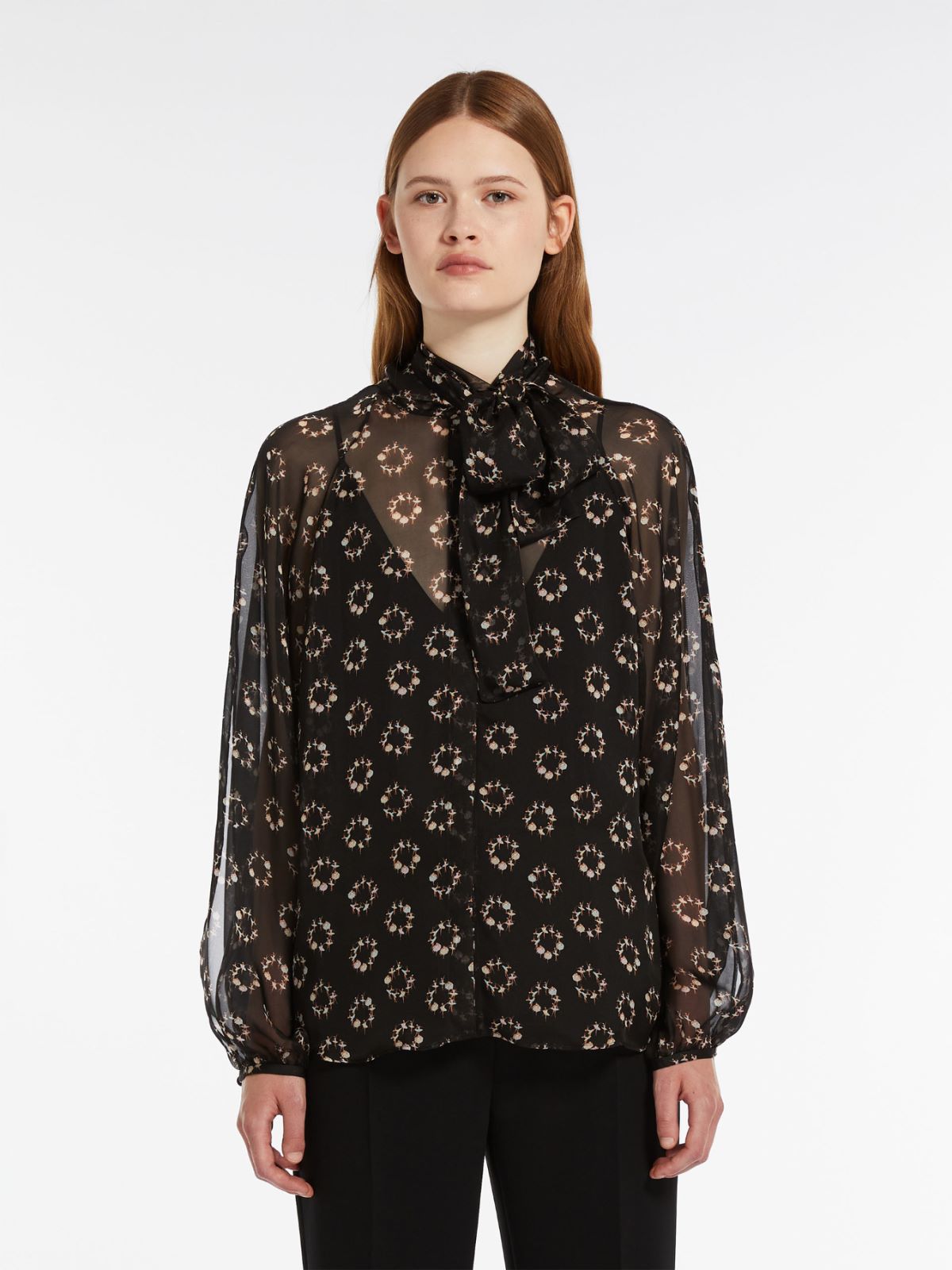 Printed silk blouse with bow