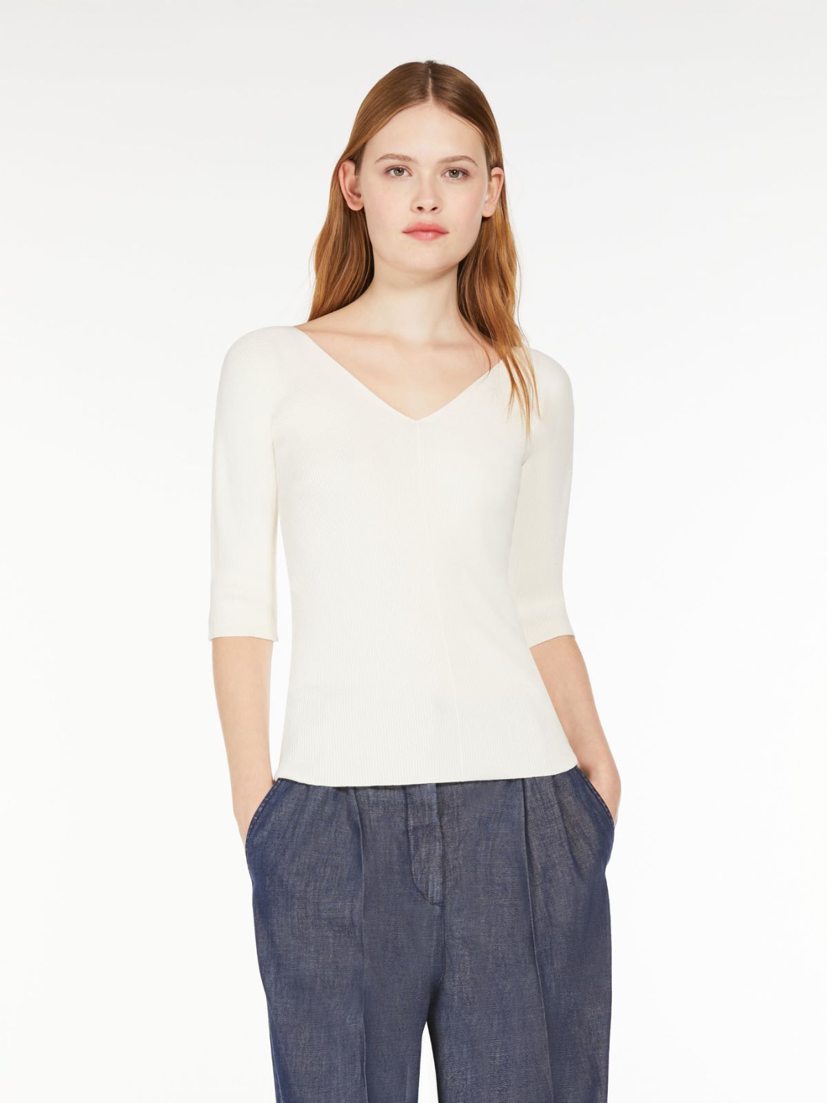 Rib-knit viscose V-neck sweater