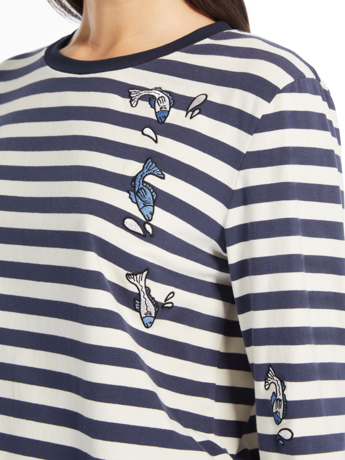 Print and embroidery-adorned cotton T-shirt