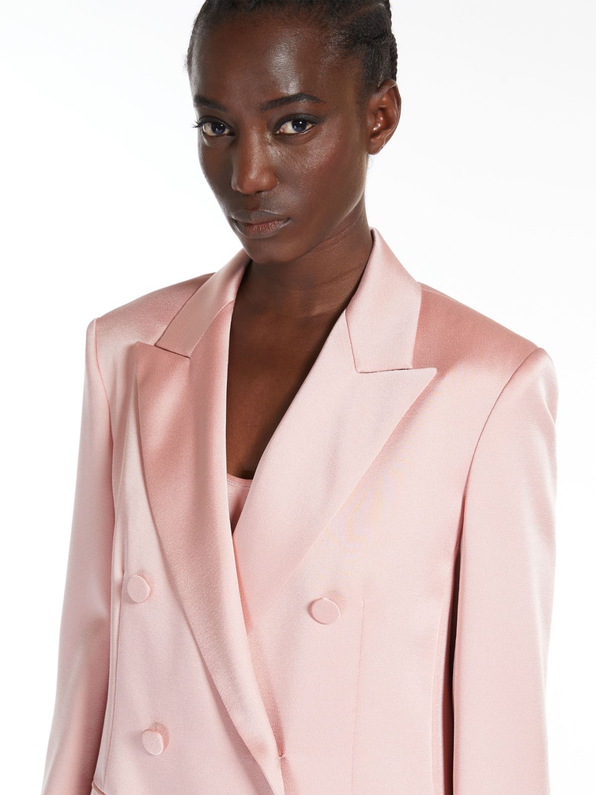Double-breasted envers satin blazer
