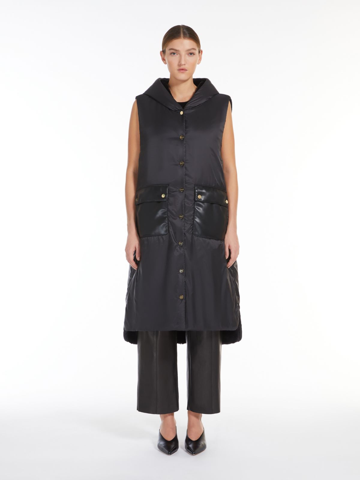 Long reversible gilet in water-repellent fabric