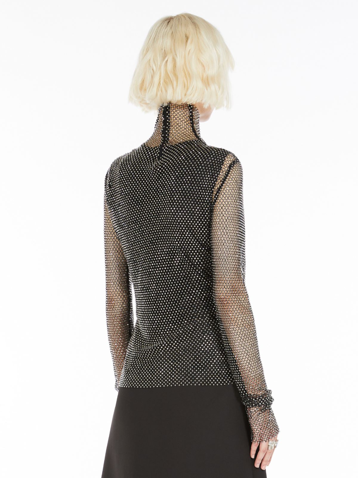 Rhinestone mesh mock polo-neck sweater