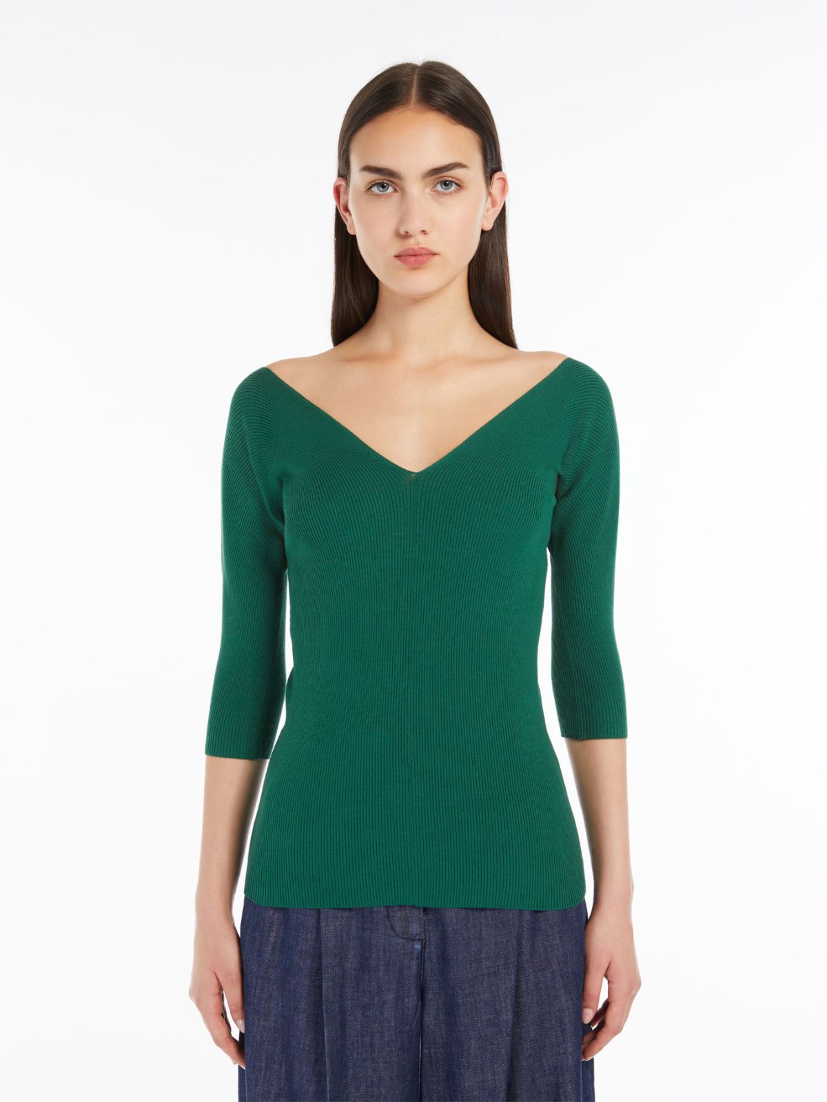 Rib-knit viscose V-neck sweater