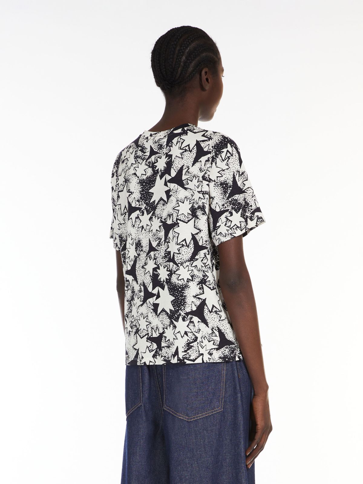 Print and embroidery-adorned cotton T-shirt