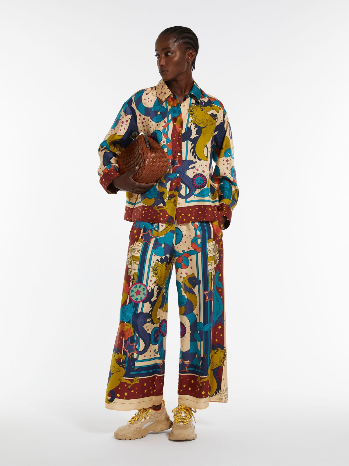 Fluid printed silk trousers