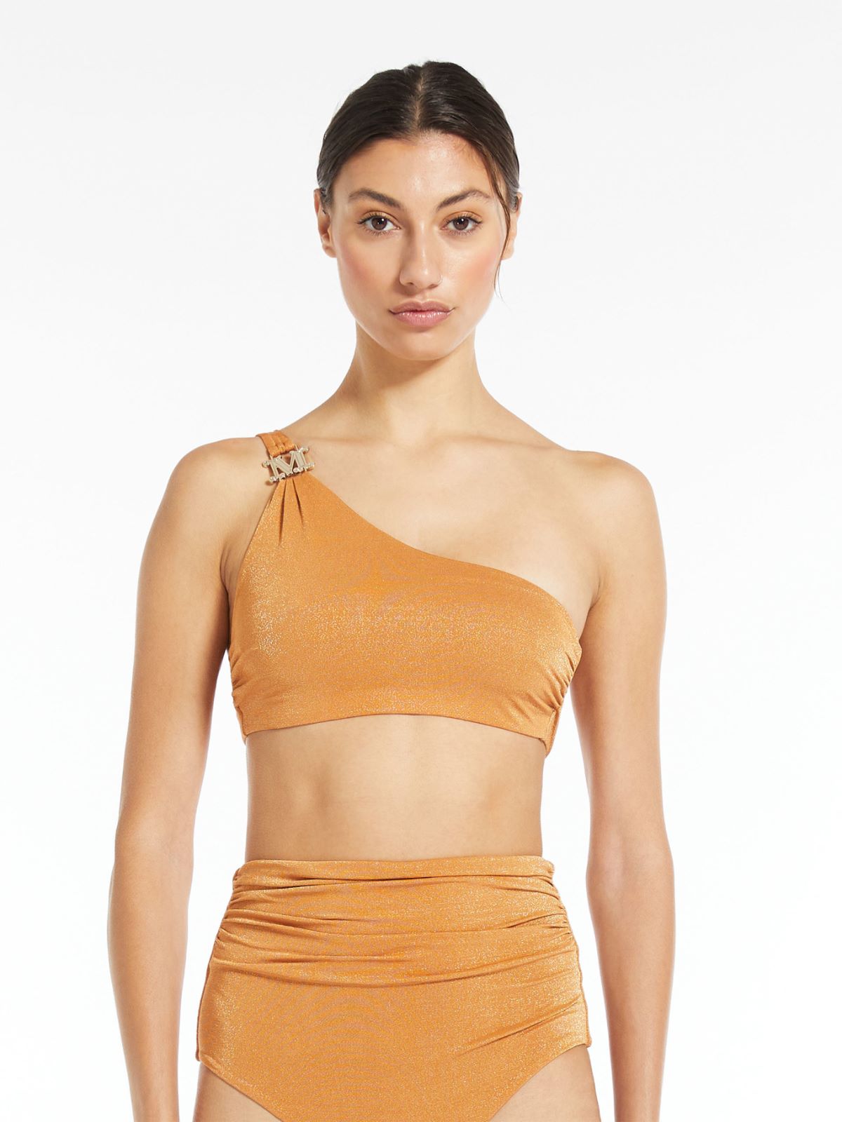 Jersey and lurex one-shoulder bikini top