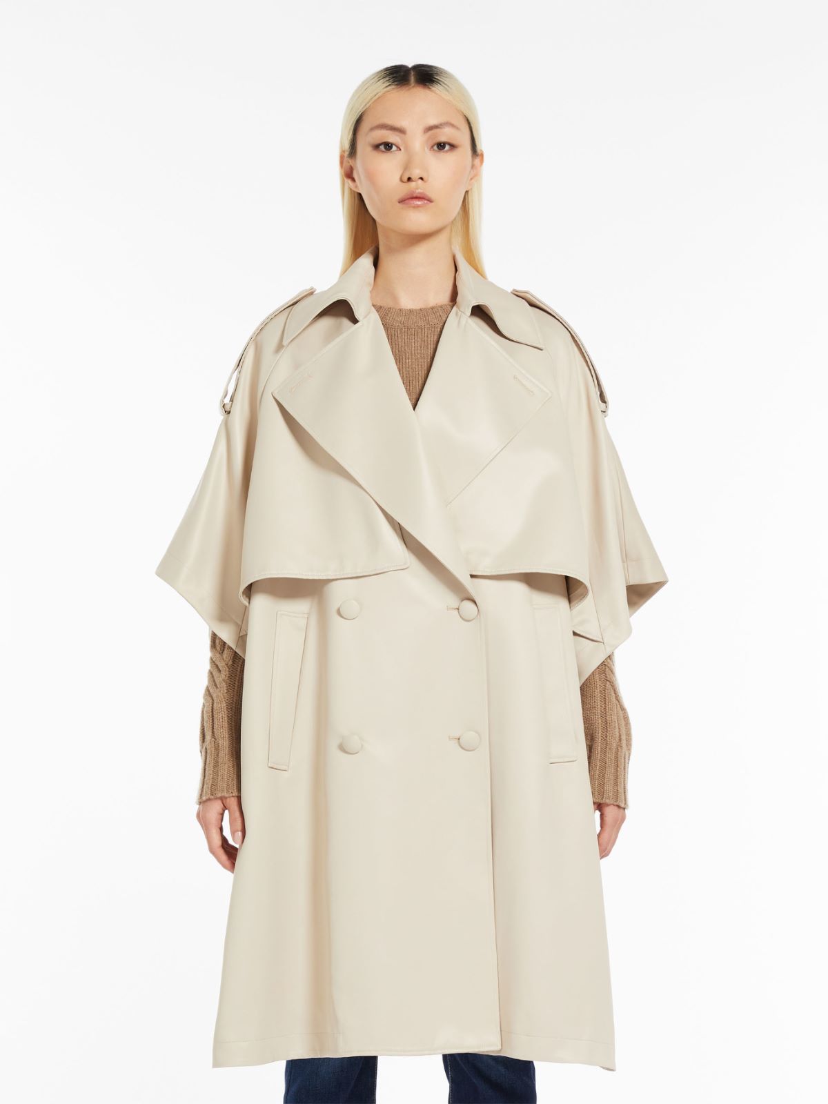 Double-breasted satin cape