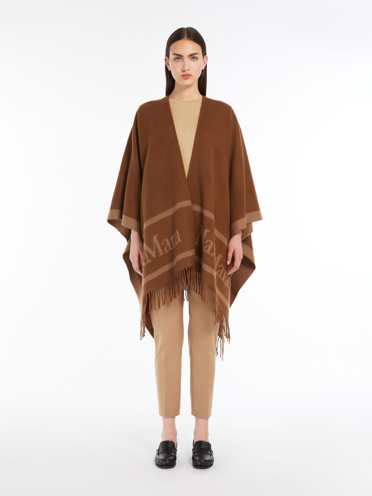 Jacquard logo-decorated wool poncho