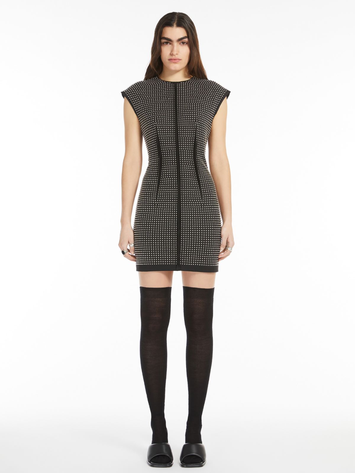 Microstud-adorned crew-neck dress