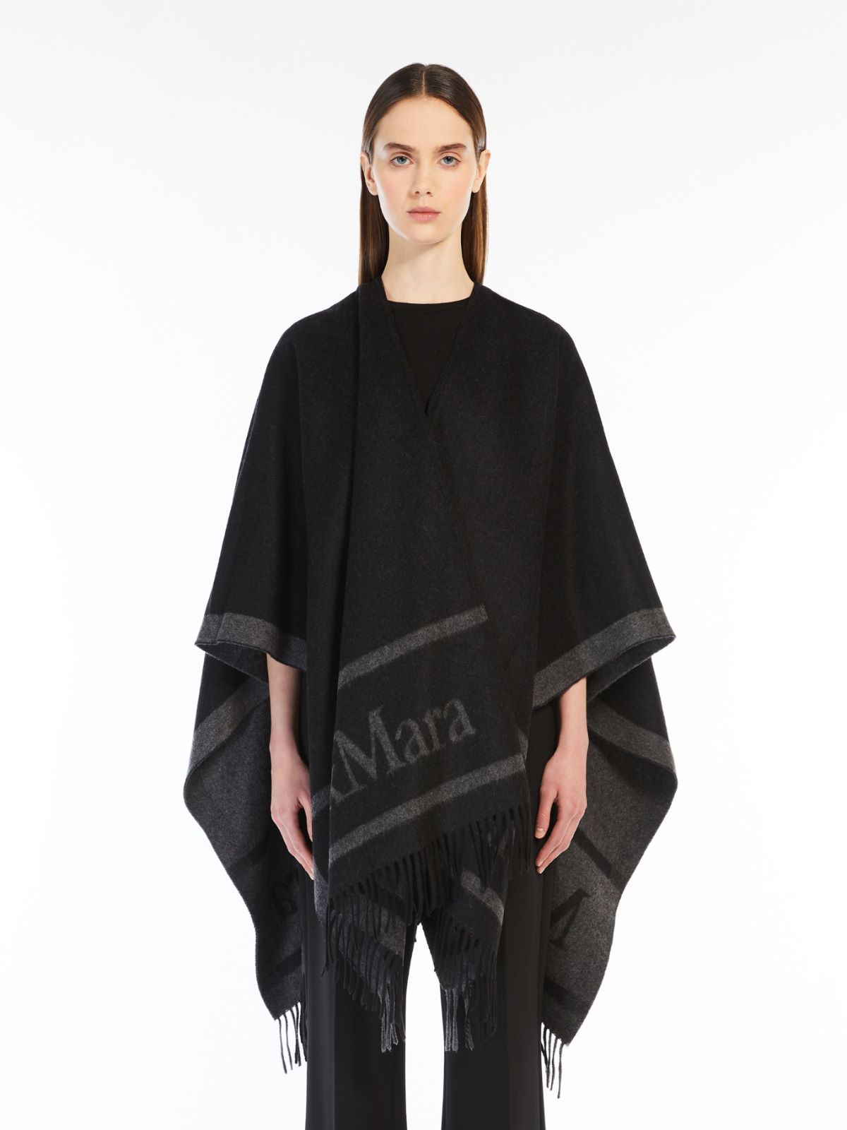 Jacquard logo-decorated wool poncho