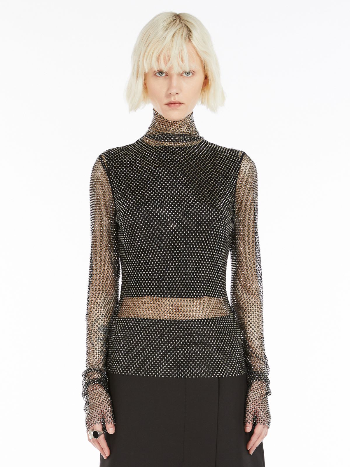 Rhinestone mesh mock polo-neck sweater