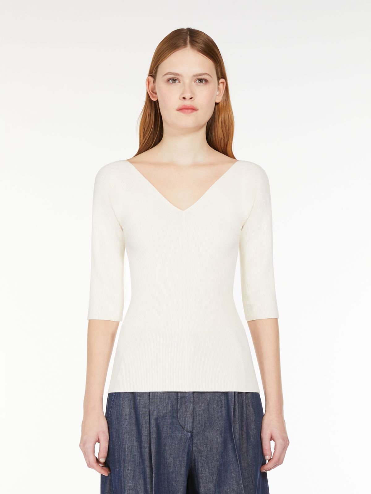 Rib-knit viscose V-neck sweater