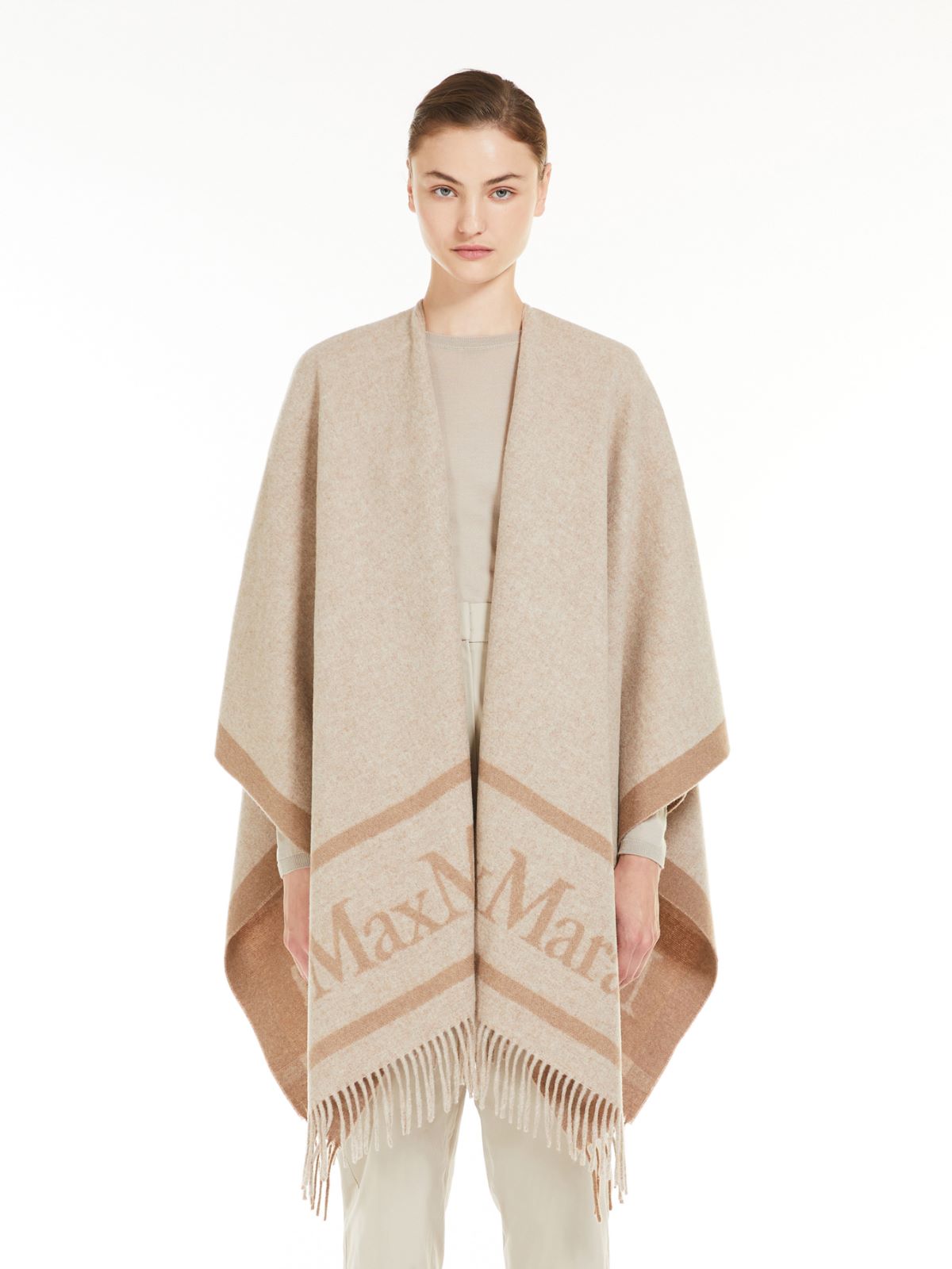 Jacquard logo-decorated wool poncho