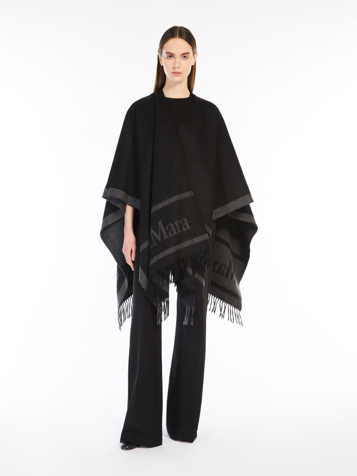 Jacquard logo-decorated wool poncho
