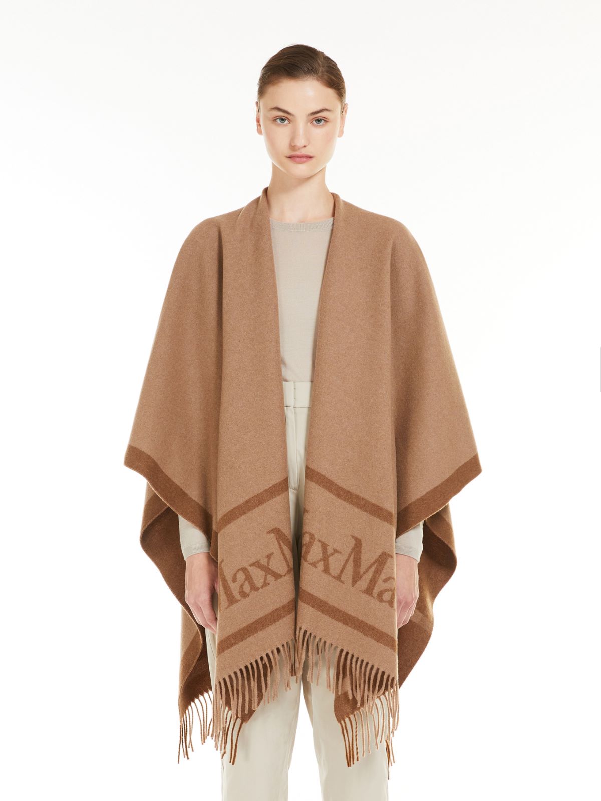 Jacquard logo-decorated wool poncho