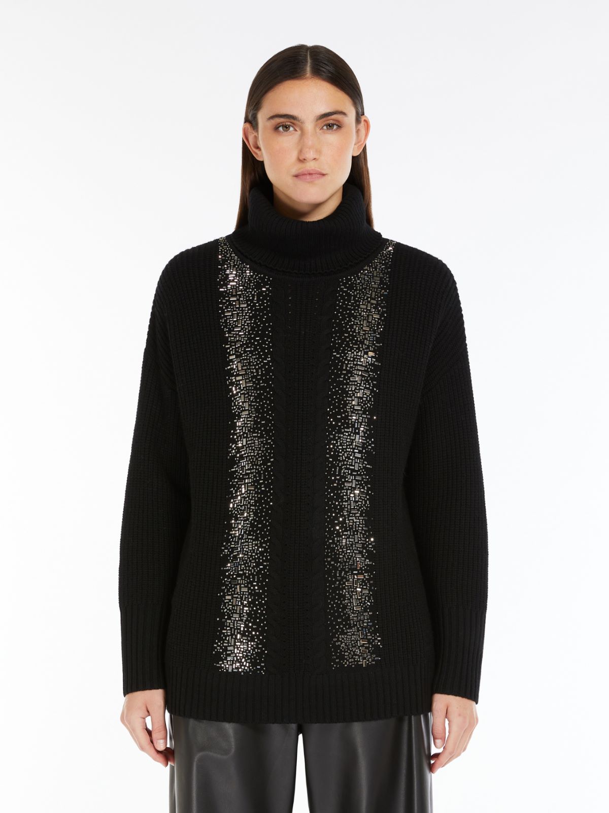 Rib-knit wool pullover with high neck