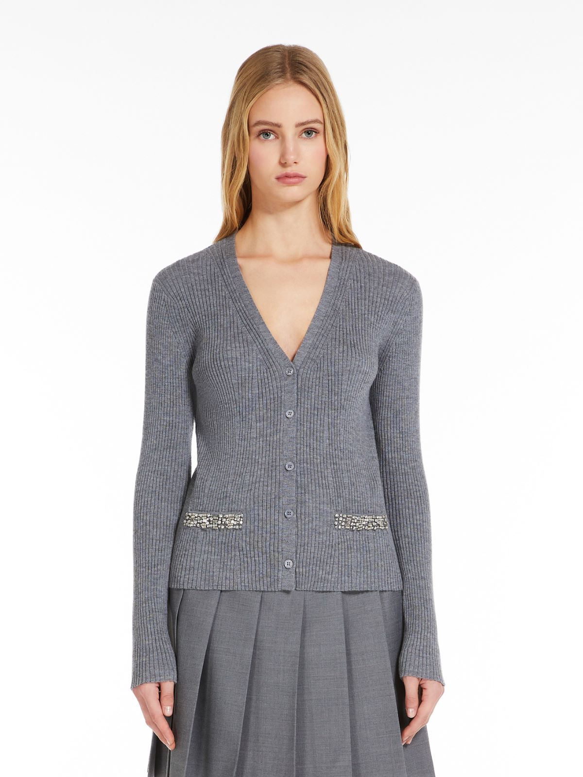 Ribbed wool cardigan with embroidery