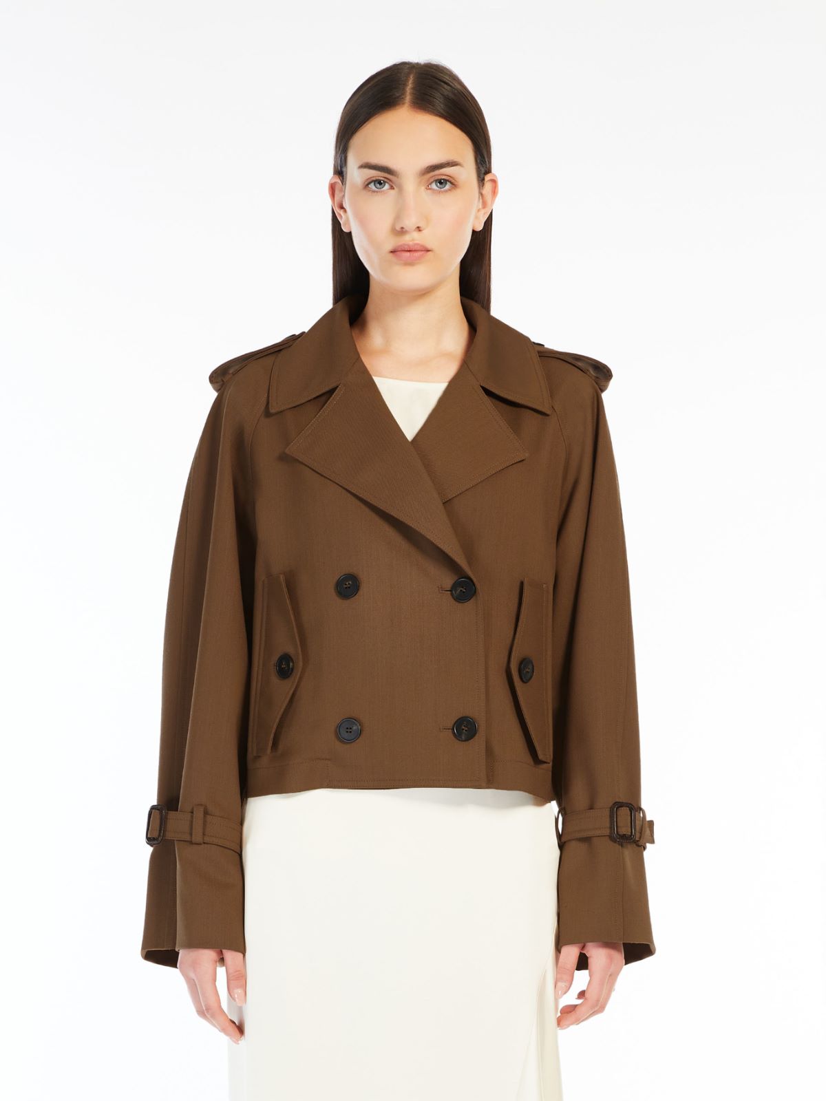 Short water-repellent gabardine trench coat