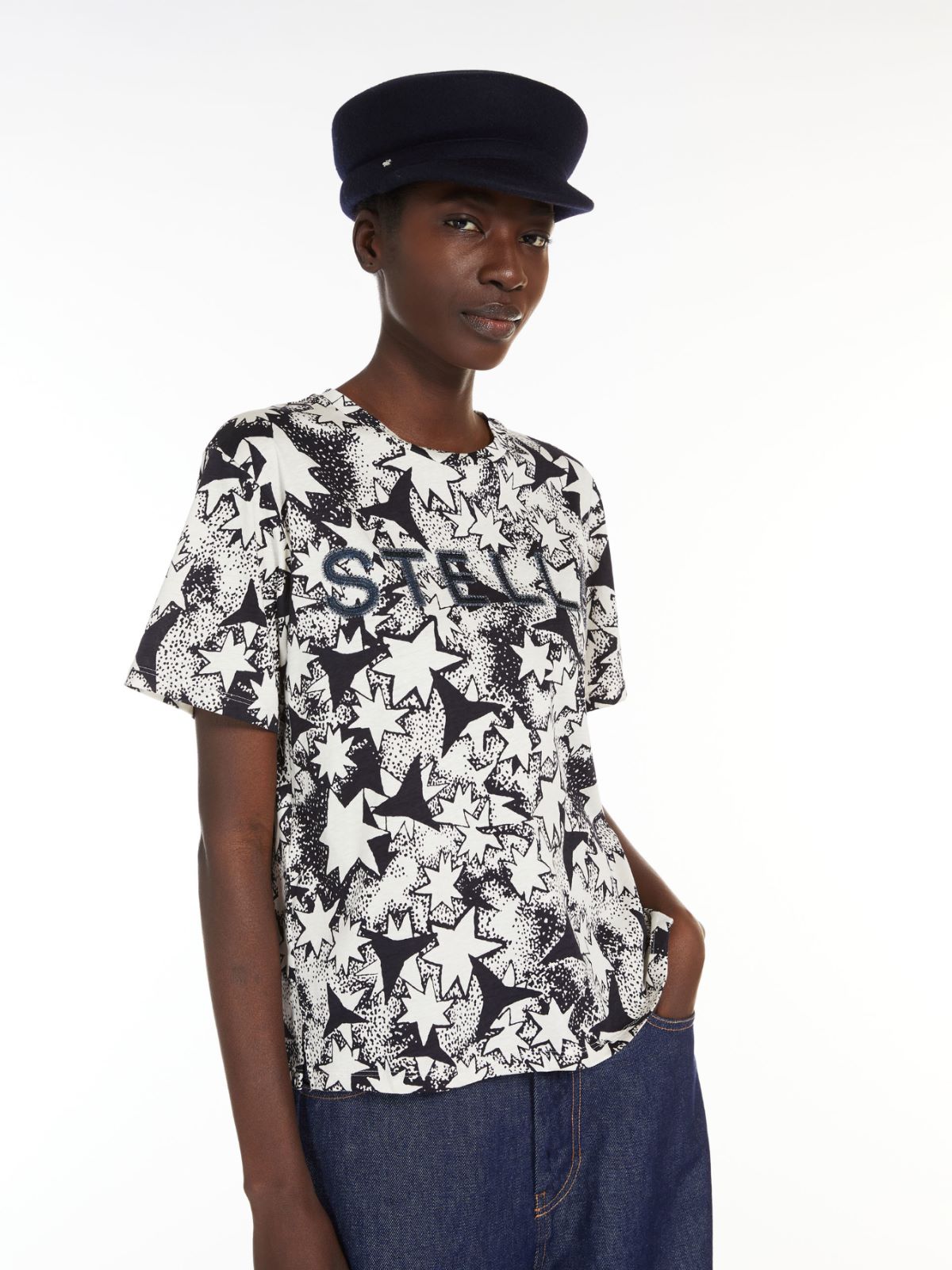 Print and embroidery-adorned cotton T-shirt
