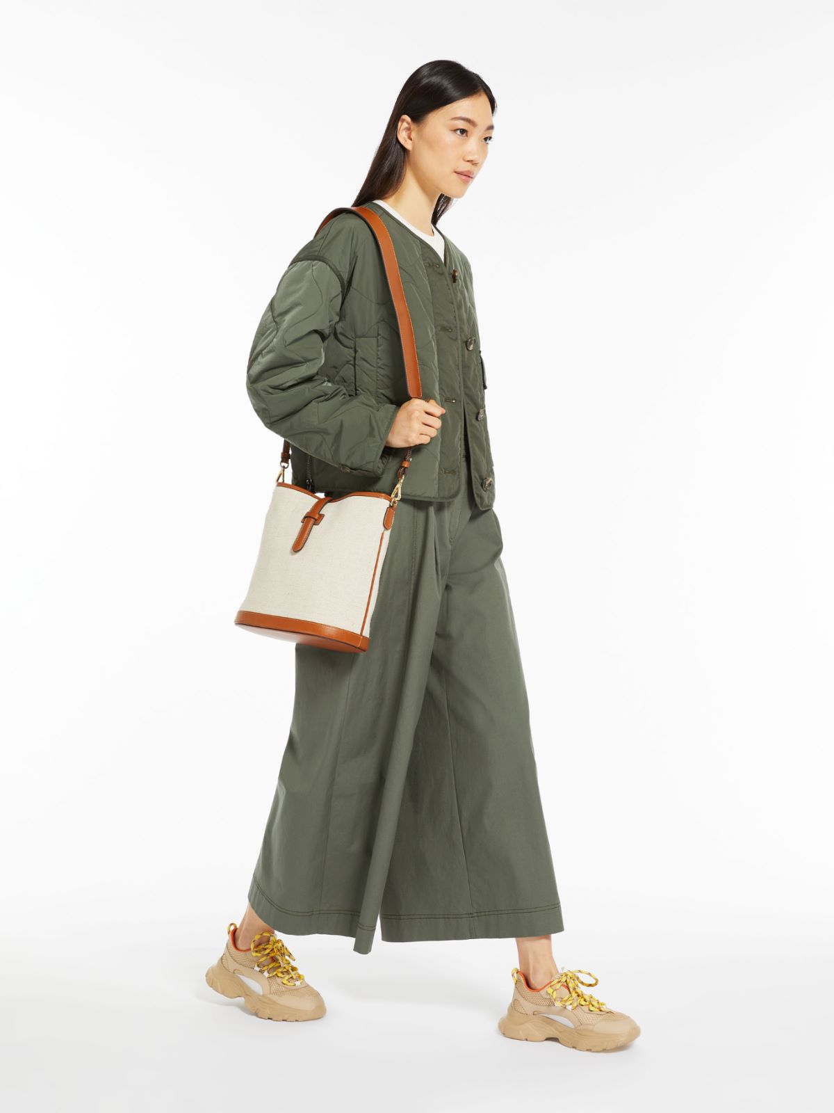 Resin-coated canvas bucket bag