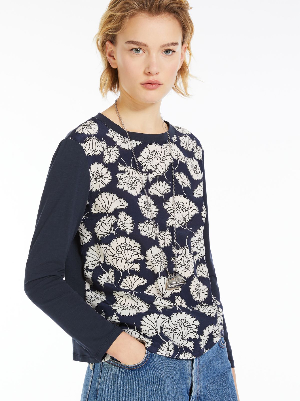 Printed silk and jersey T-shirt
