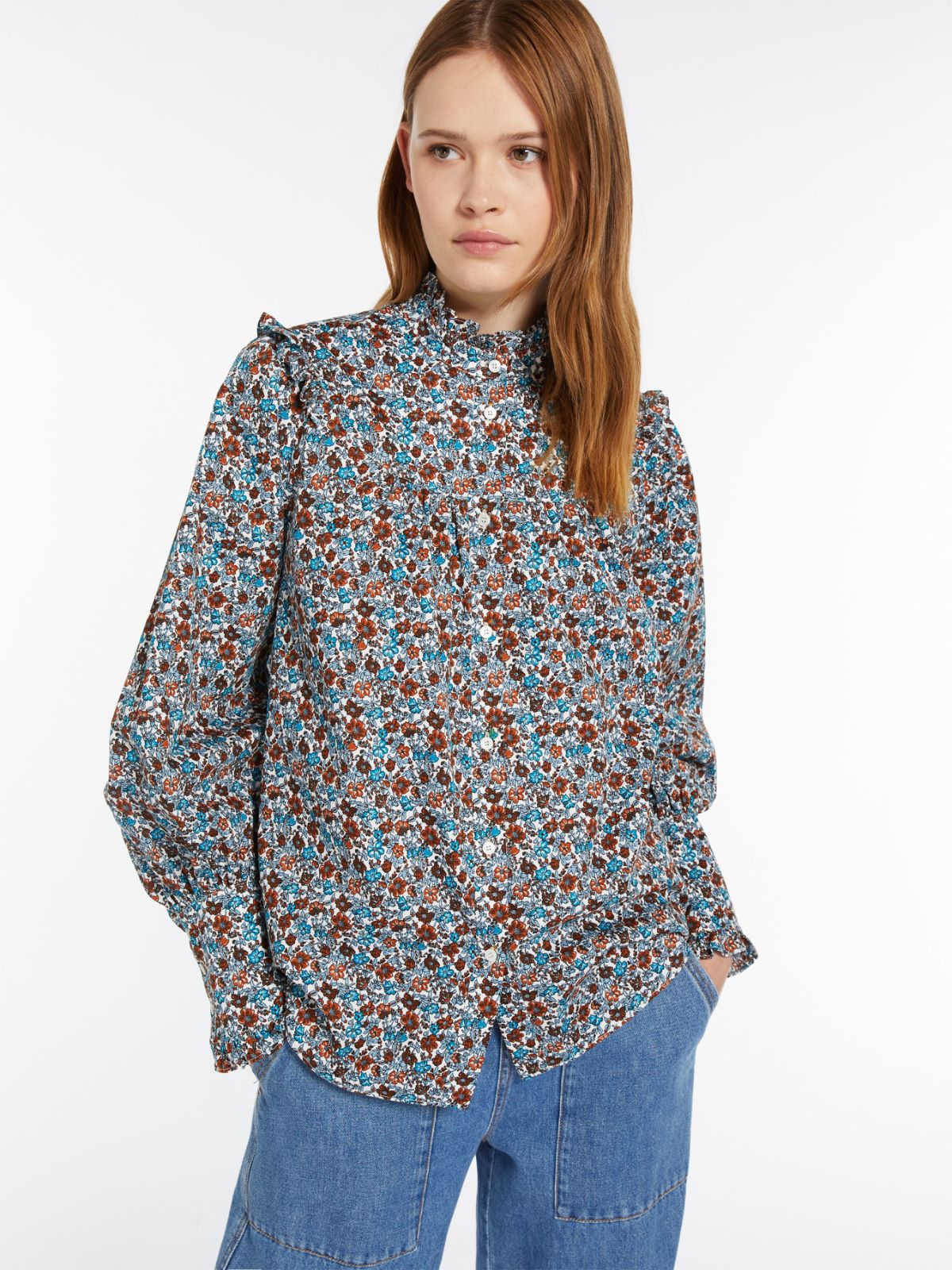 Printed twill shirt with ruches