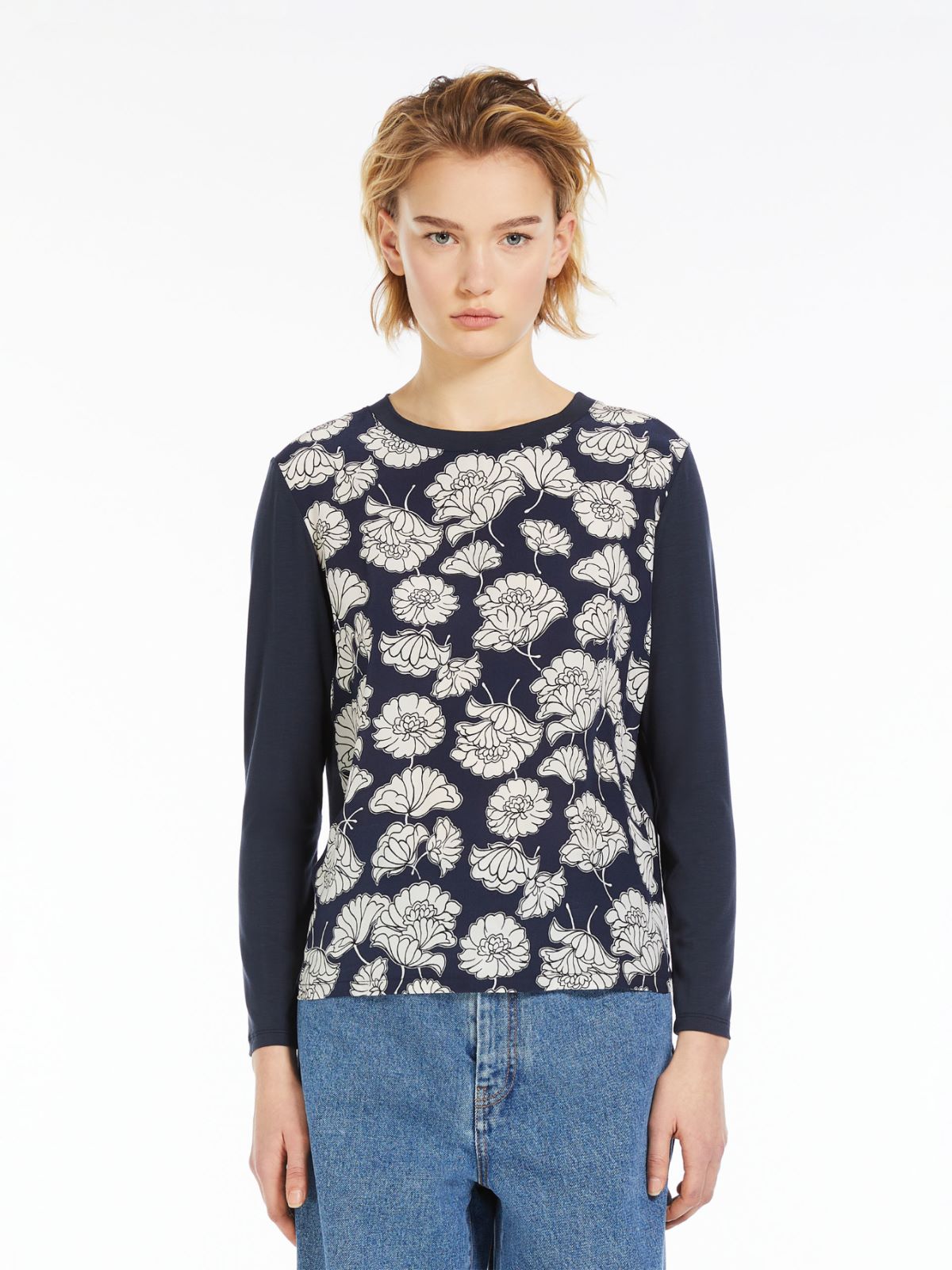 Printed silk and jersey T-shirt