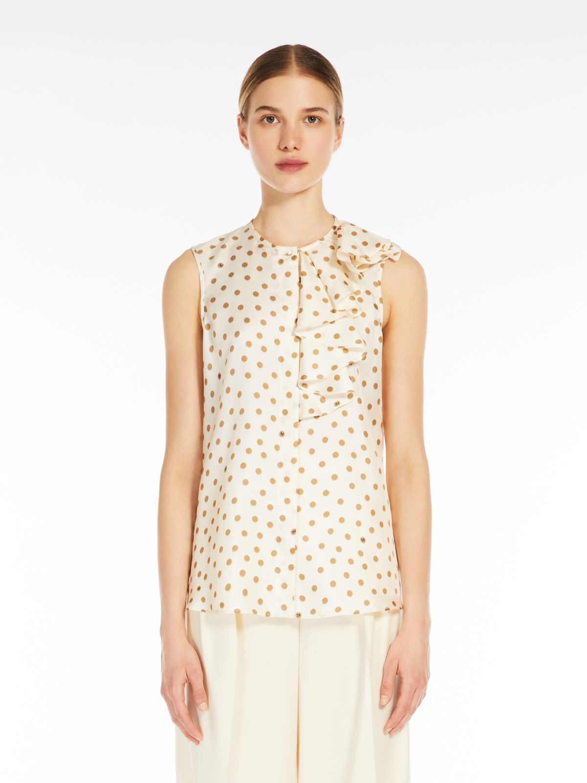 Printed silk top with ruffles