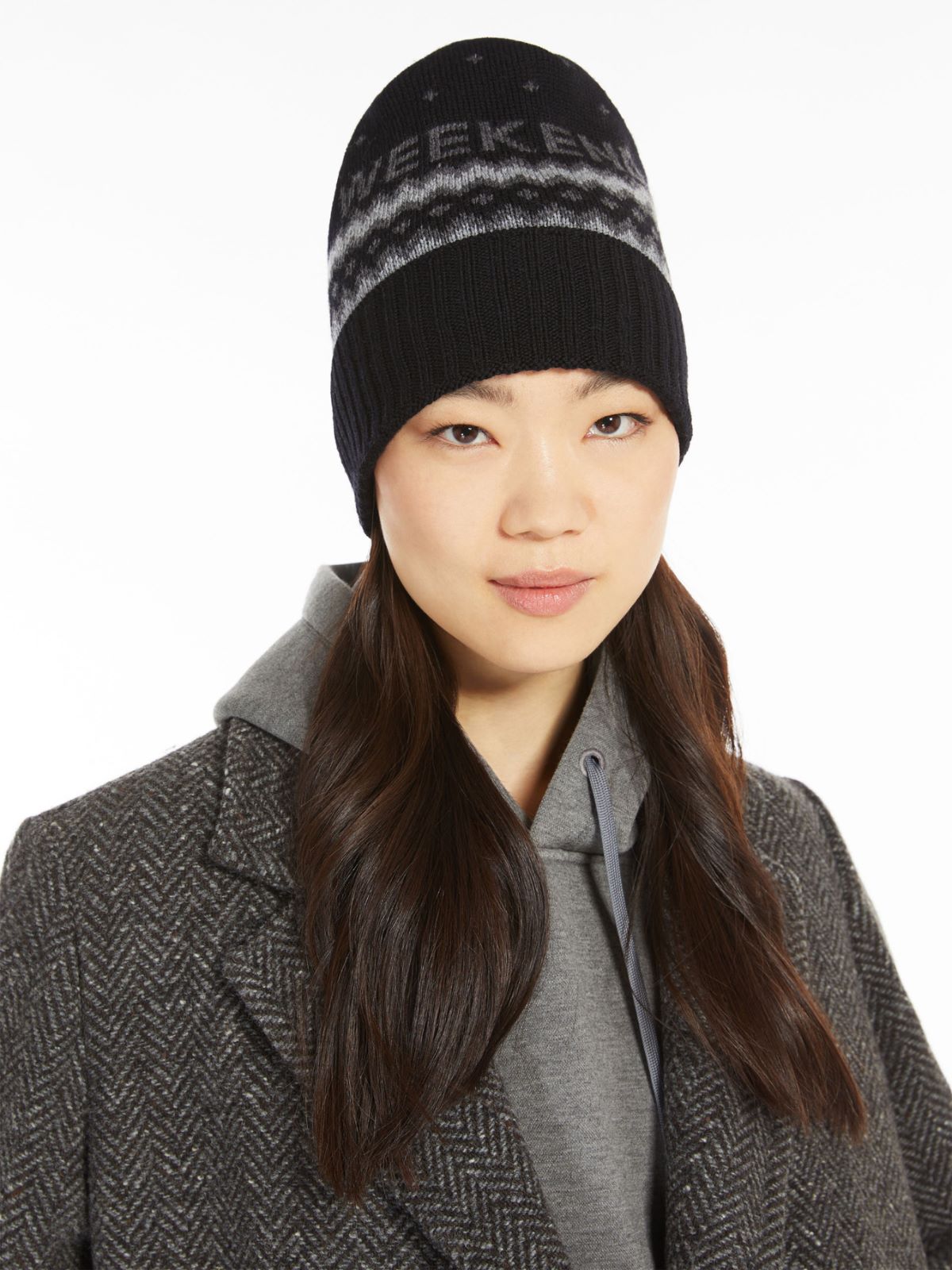 Jacquard-knit wool beanie hat