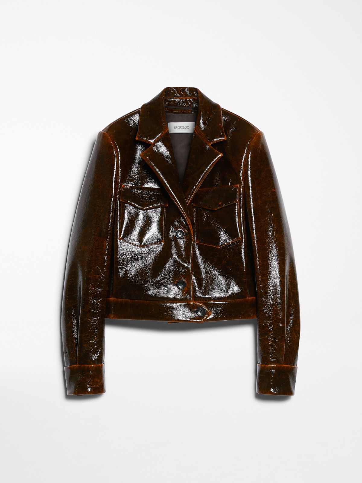 Short patent-look wool jacket