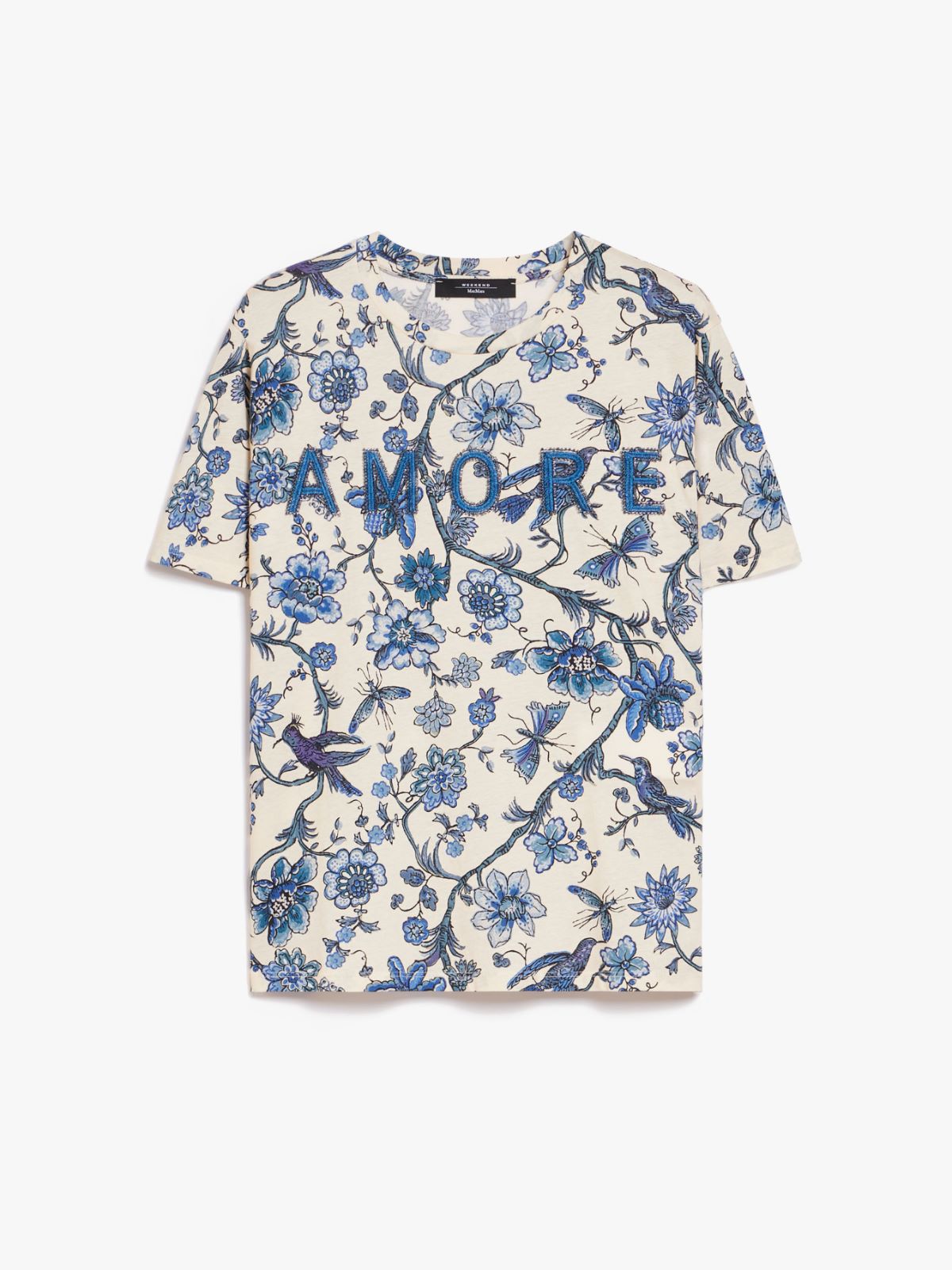 Print and embroidery-adorned cotton T-shirt