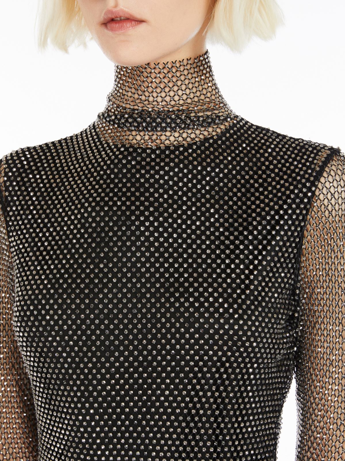 Rhinestone mesh mock polo-neck sweater