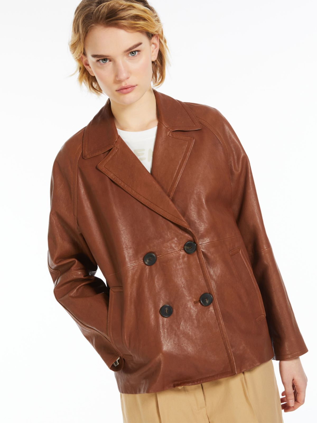 Double-breasted leather pea coat