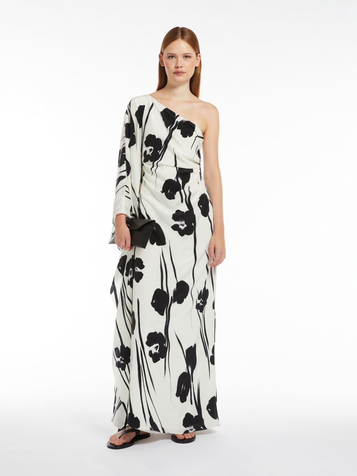 Printed silk one-shoulder dress