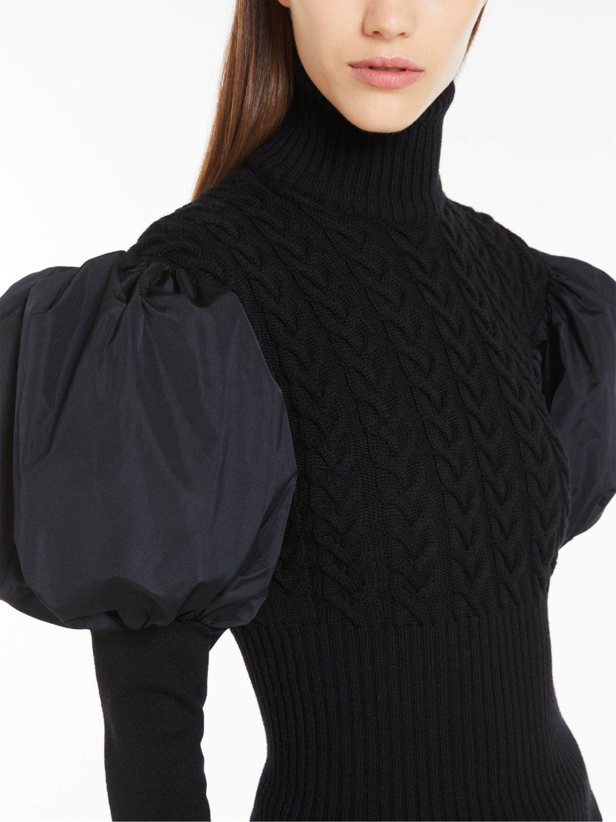 Wool jumper with taffeta sleeves