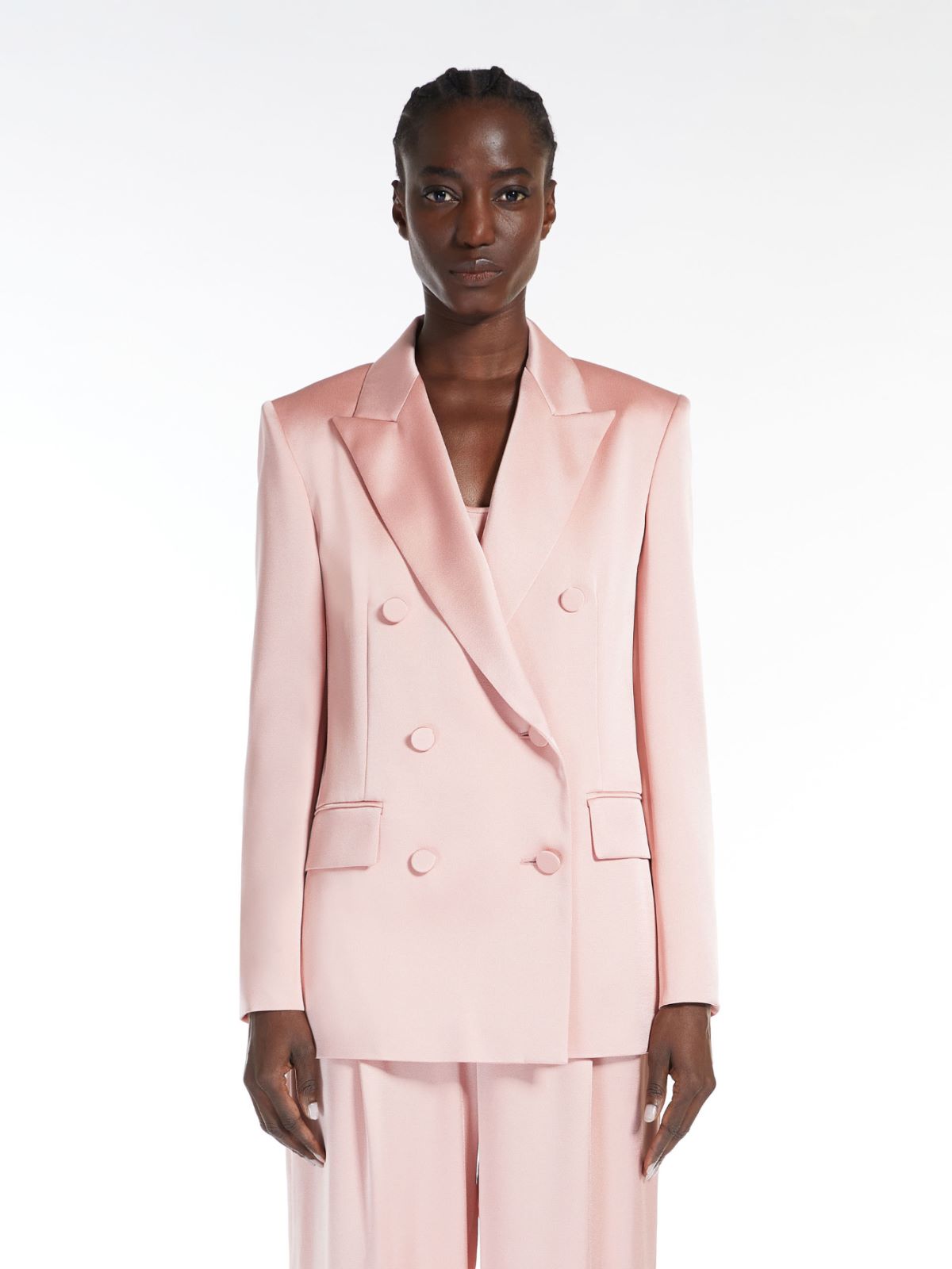 Double-breasted envers satin blazer