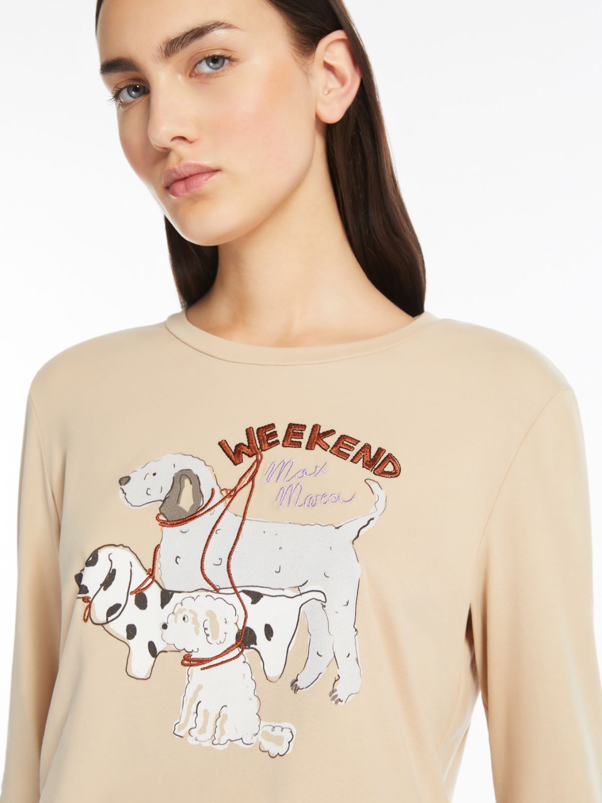 Print and embroidery-adorned cotton T-shirt