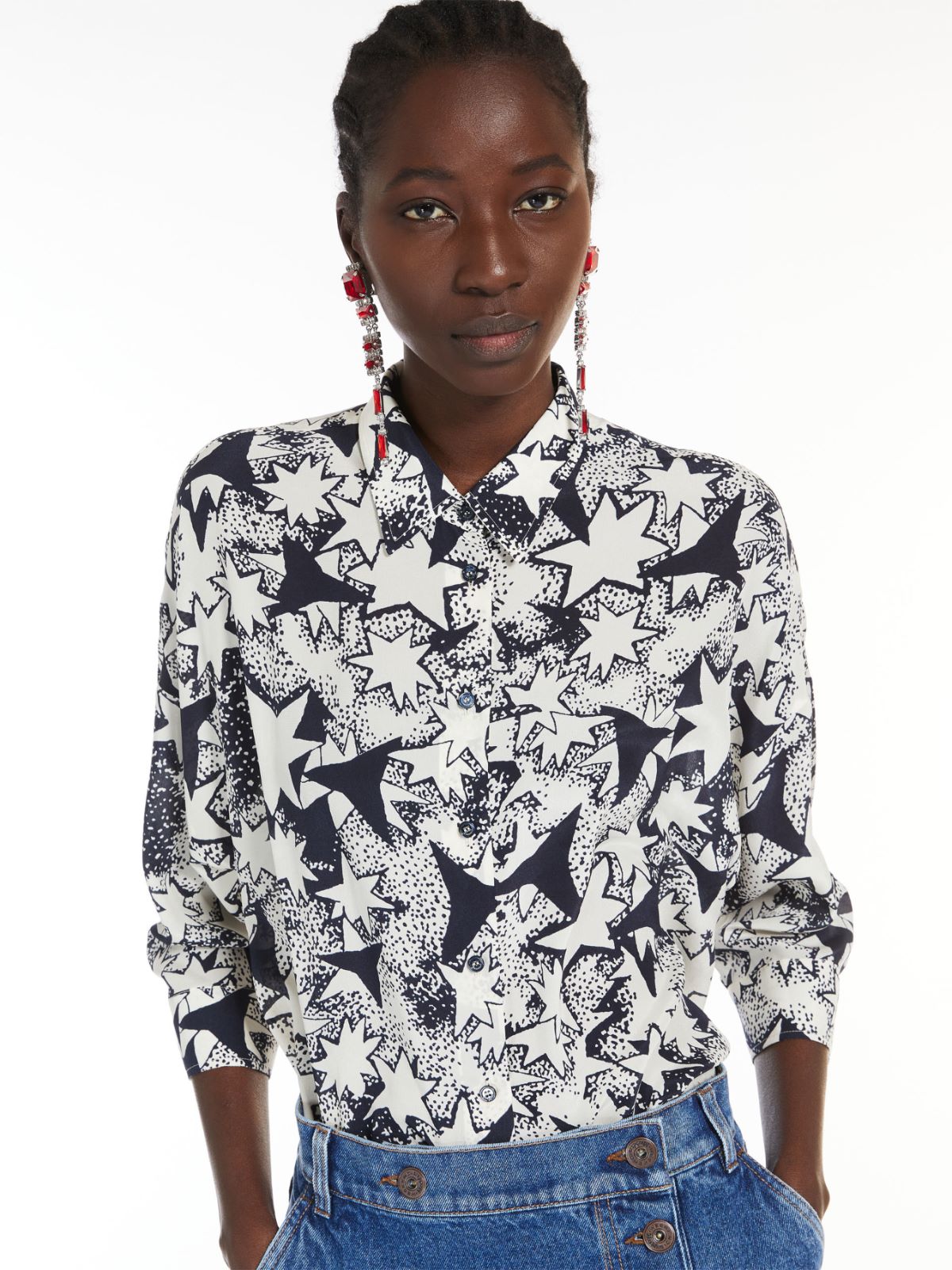 Flared printed silk shirt