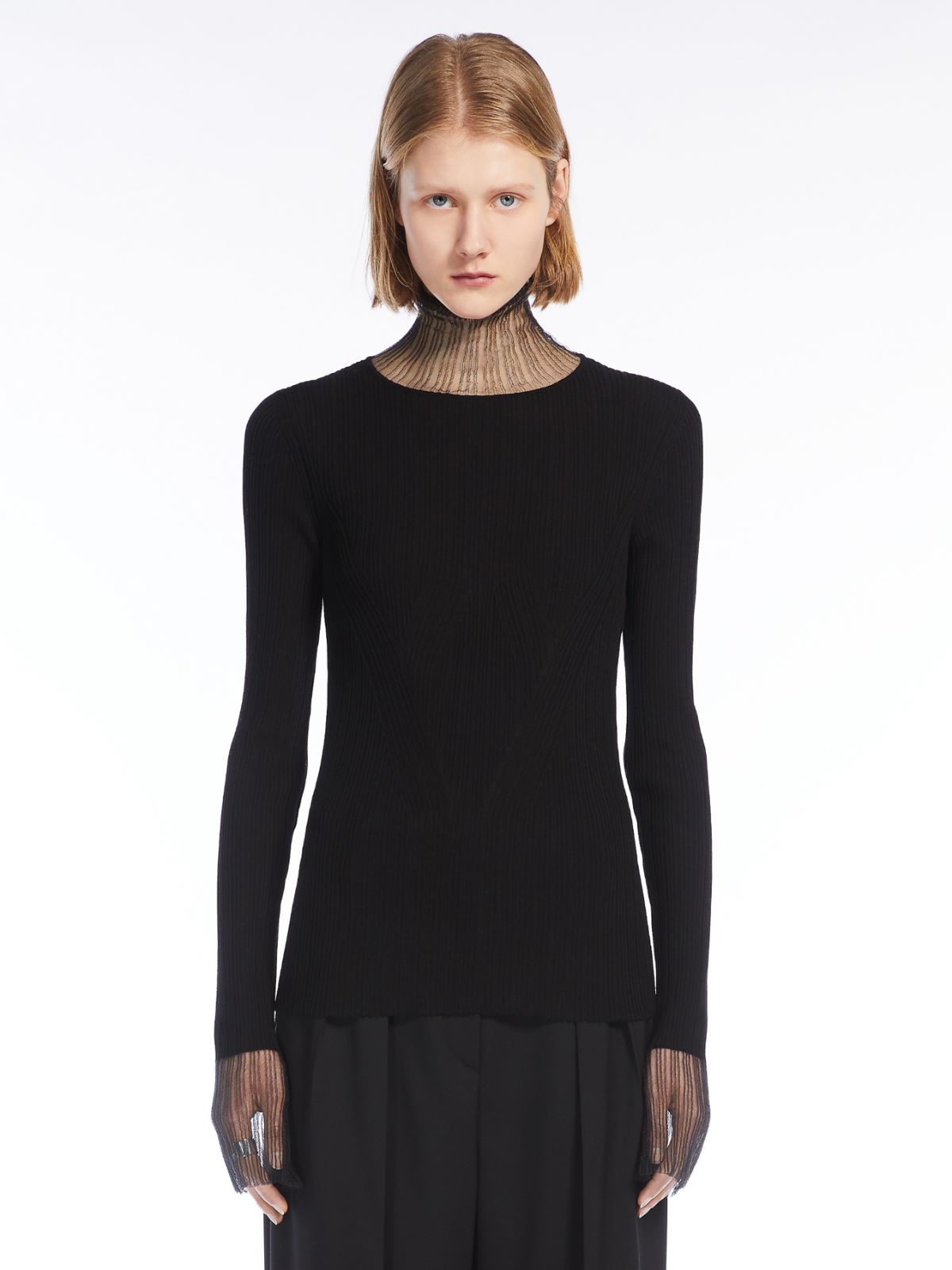 Directional rib mock-polo-neck sweater