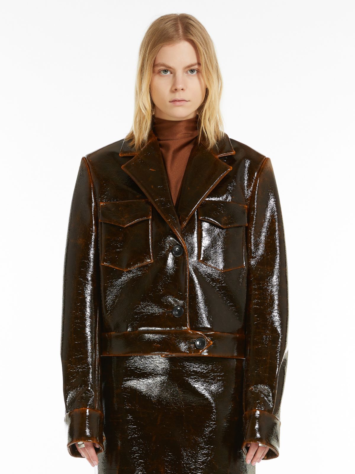 Short patent-look wool jacket