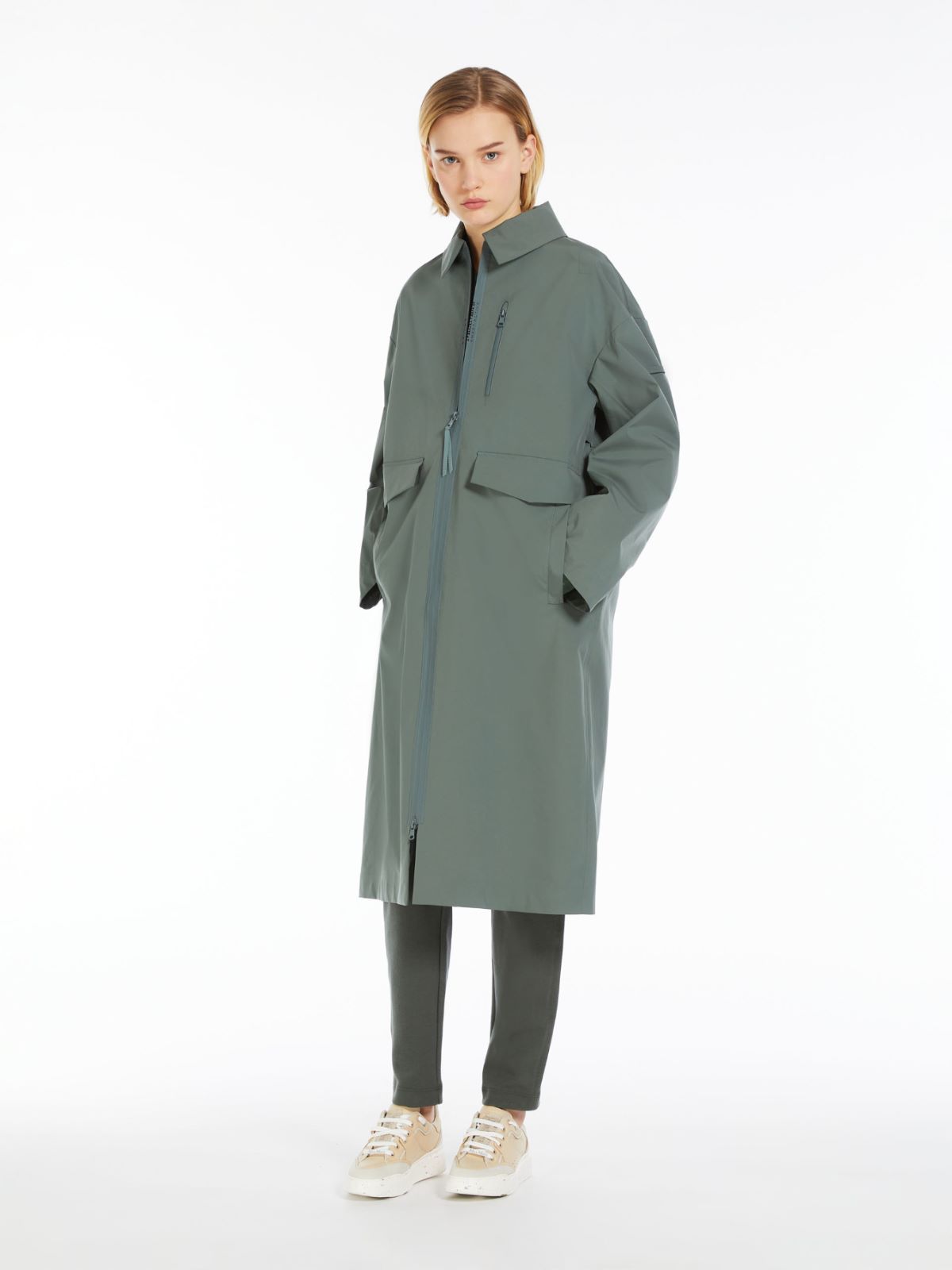 Rubber-coated technical canvas trench coat