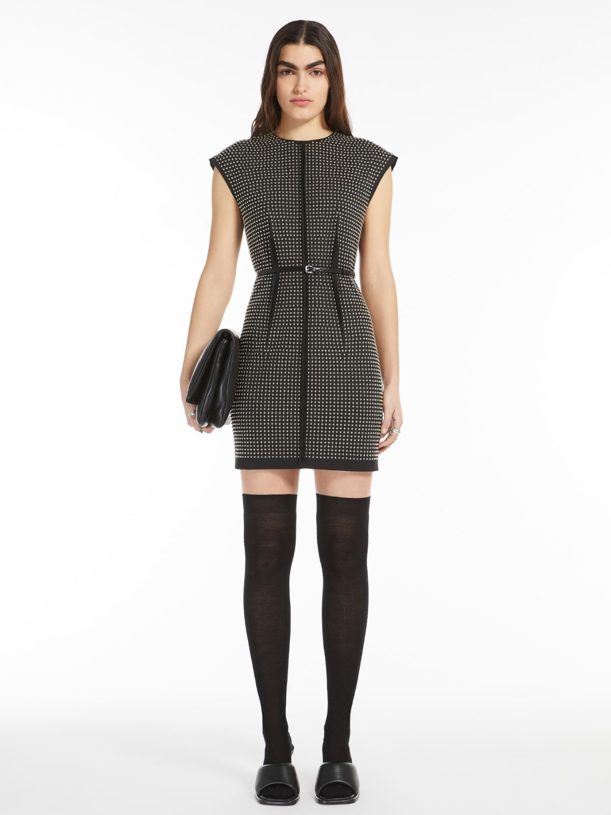 Microstud-adorned crew-neck dress
