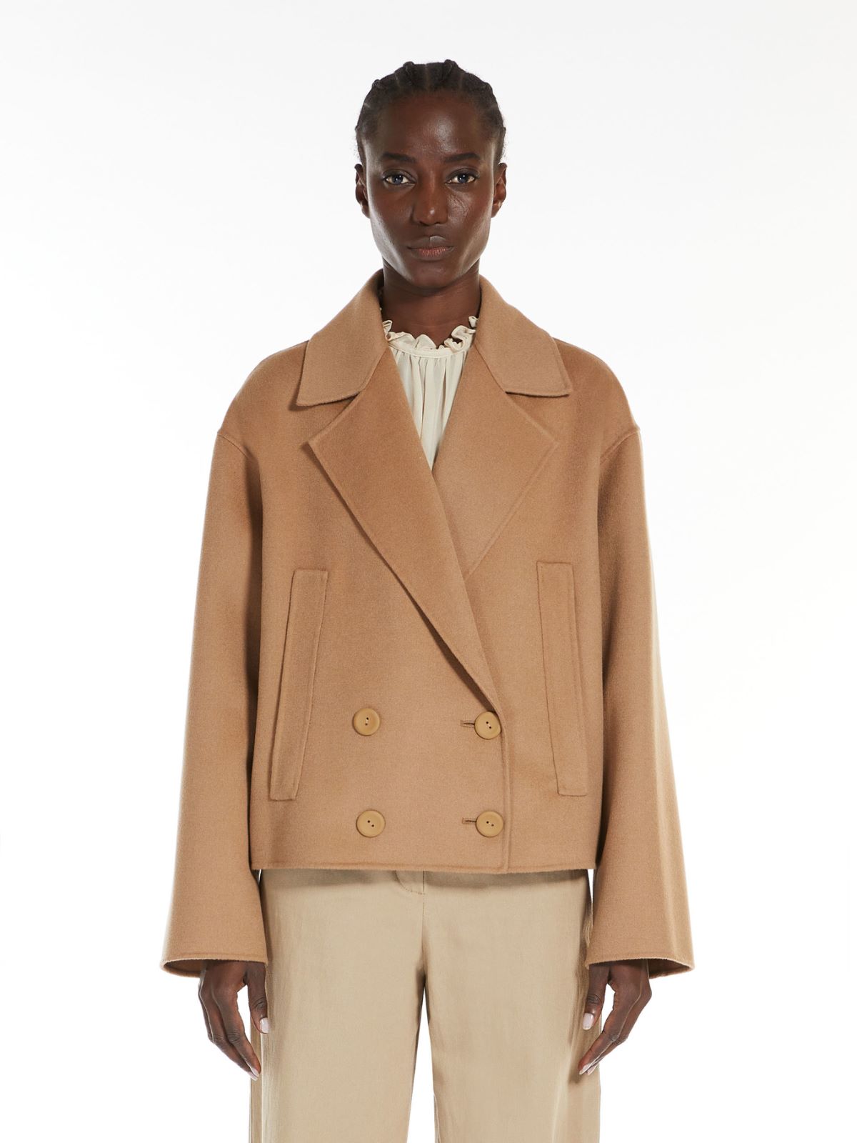 Double-breasted pea coat in wool, silk and cashmere