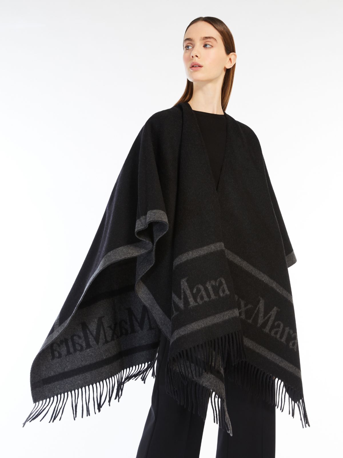 Jacquard logo-decorated wool poncho
