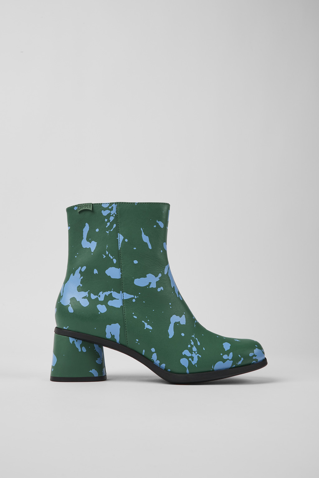 Green and blue printed leather ankle boots