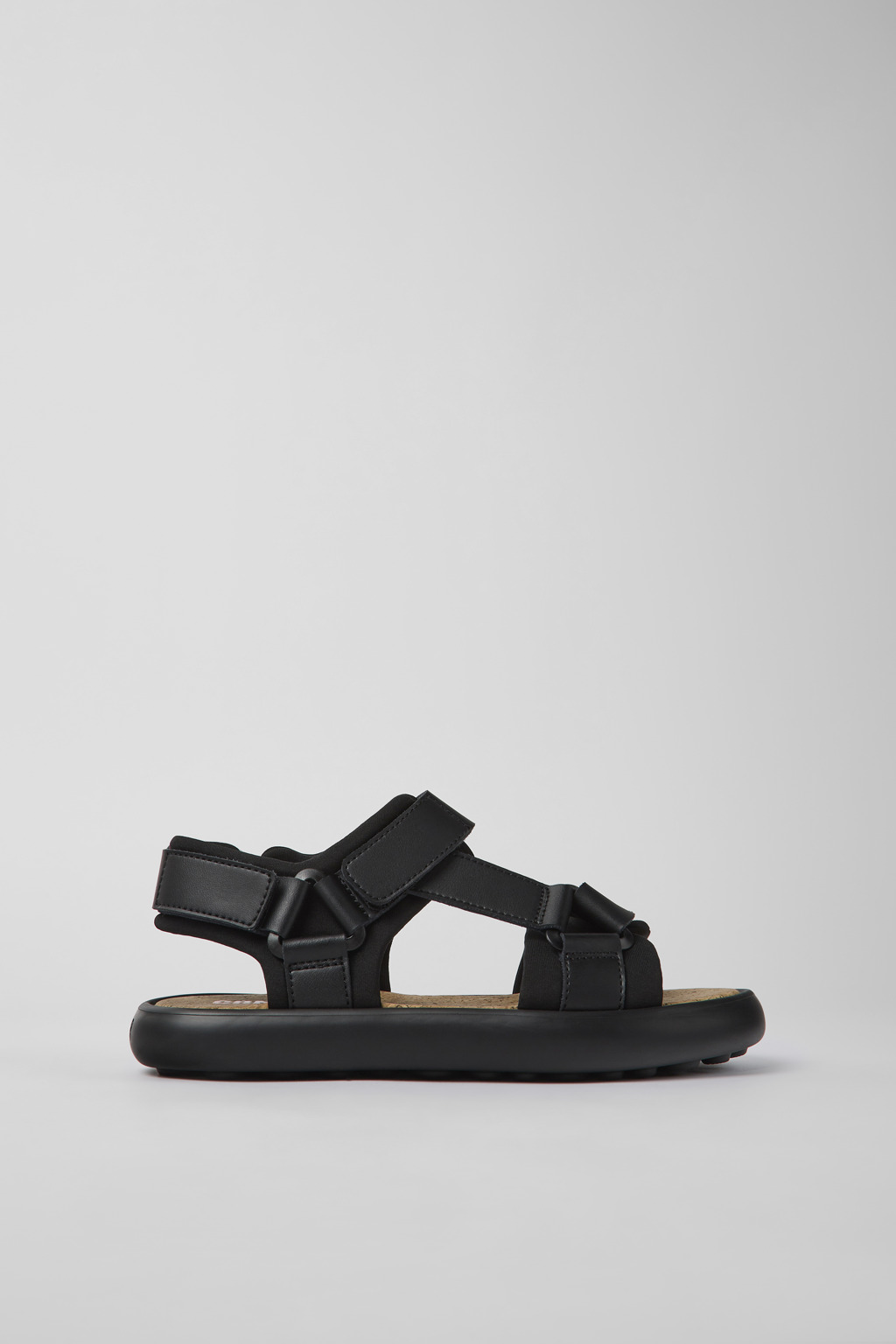 Black leather and textile sandals for women