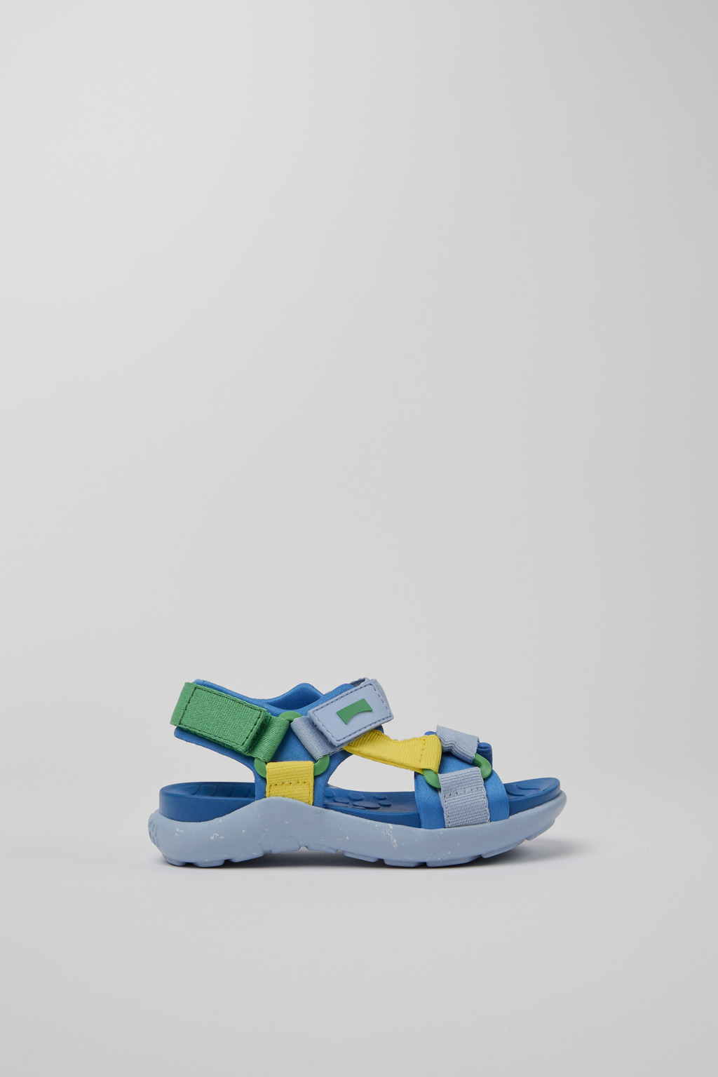 Blue, yellow, and green sandals for kids