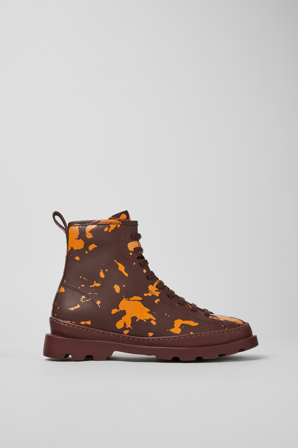 Burgundy and orange printed leather ankle boots for women