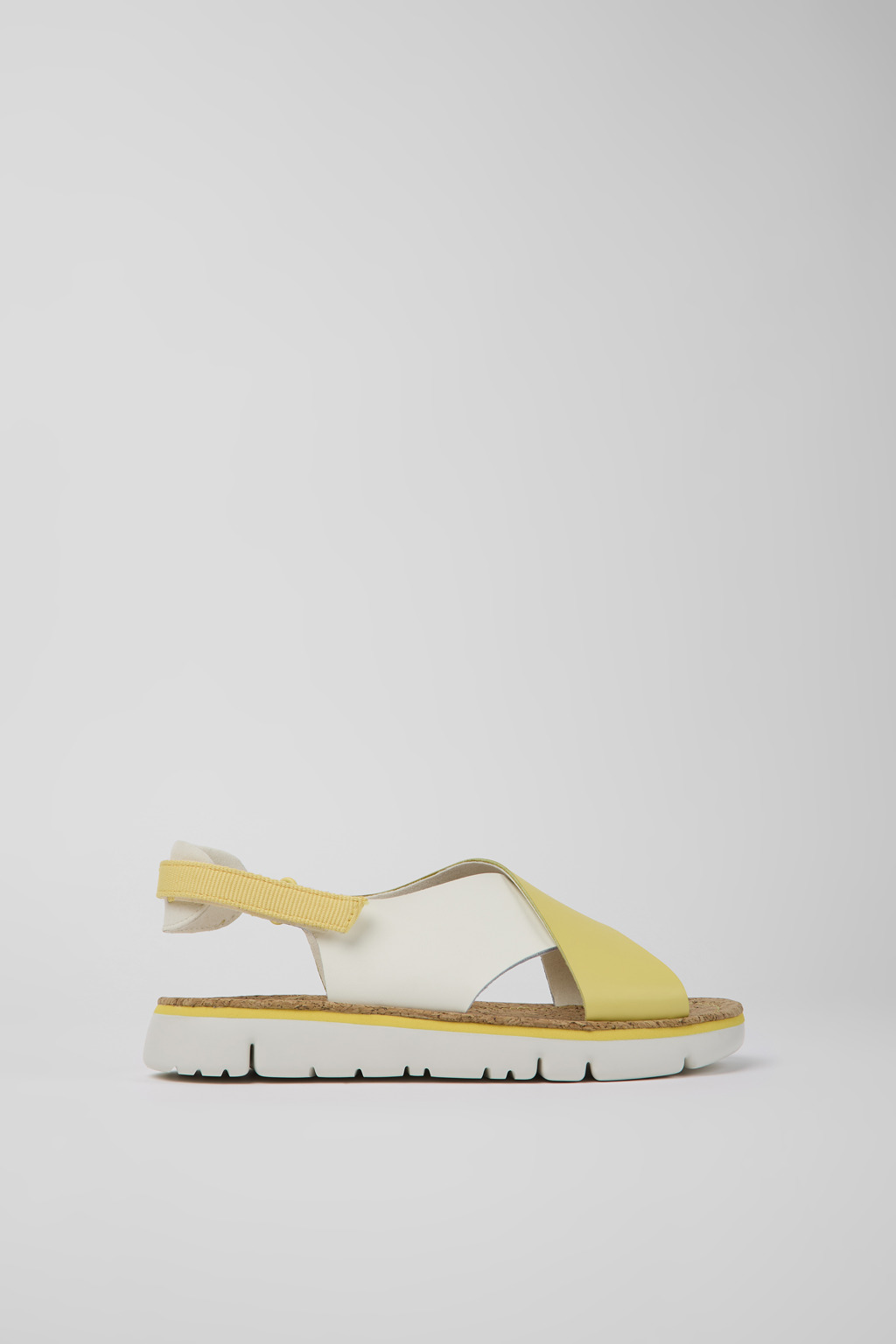 White and yellow leather and textile sandals for women